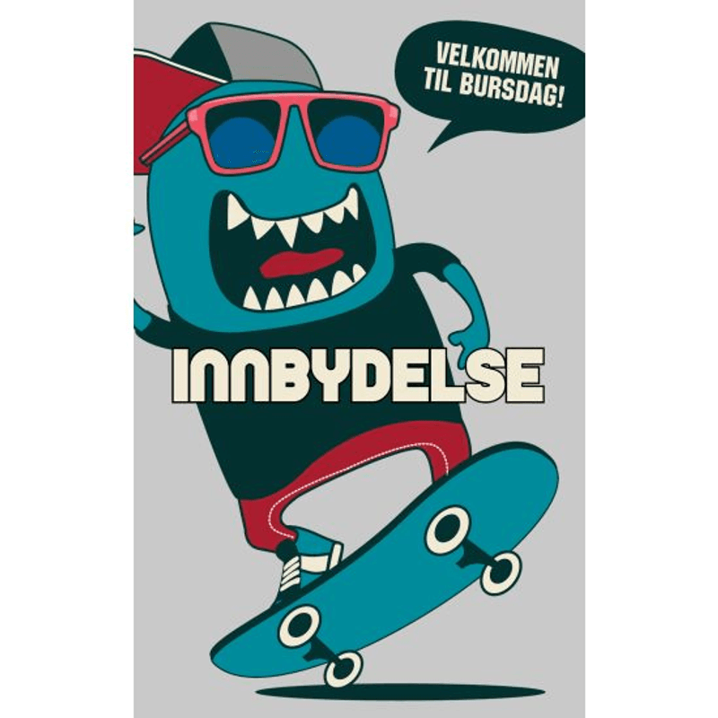 Bursdagsinnbydelser Med Konvolutter - Skateboard Monster 8 Stk